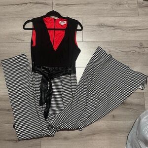 Shelby & Palmer Black and Red Jumpsuit with Houndstooth Pants